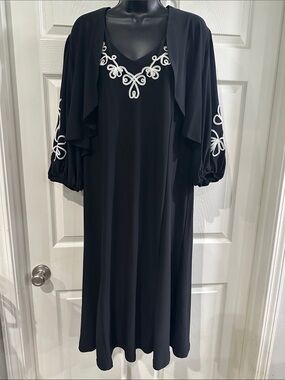 Black Embroidered V-Neck Women's Dress with Draped Sleeves